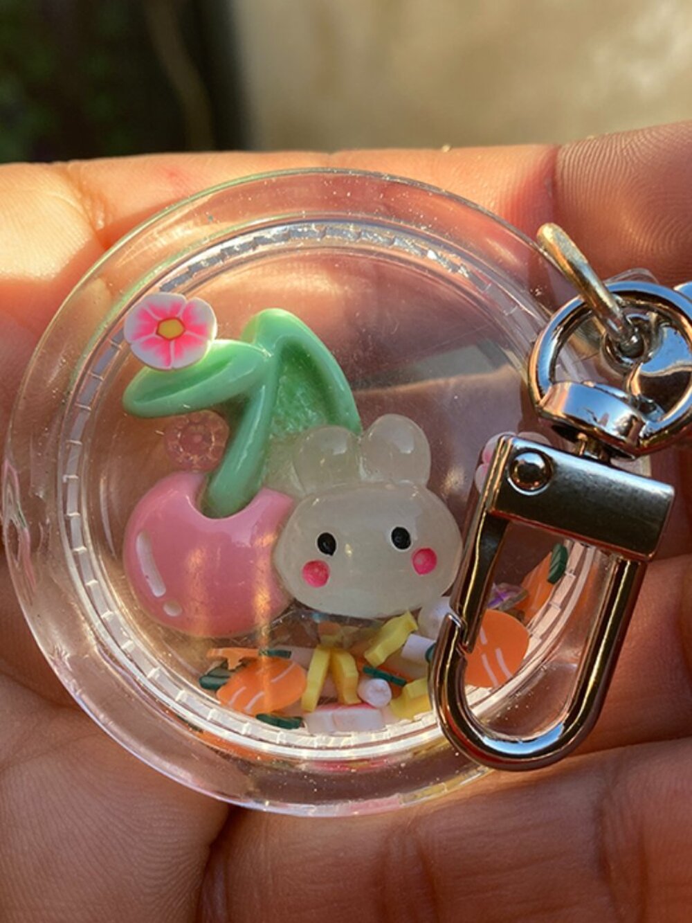 Bunny with Cherry Dry Shaker Keychain Accessory Purse Clip Backpack Charm